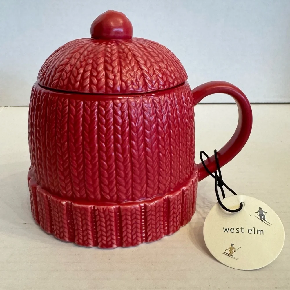 West Elm Red Stoneware Knit Ski Cap Hat Hot Chocolate Mug w/ Lid New w/ Tag Gift